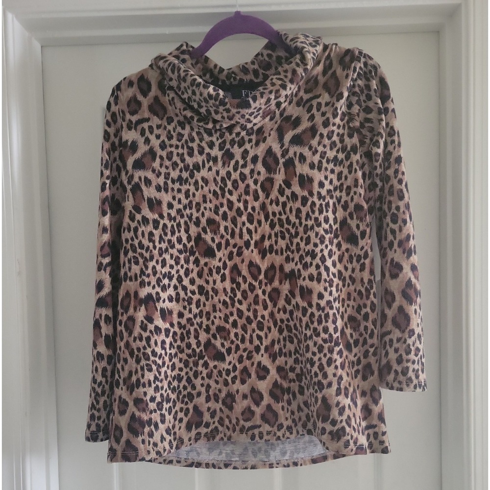 FDJ French Dressing Jeans Womens Leopard Print Cowl Neck Long Sleeve Top Medium